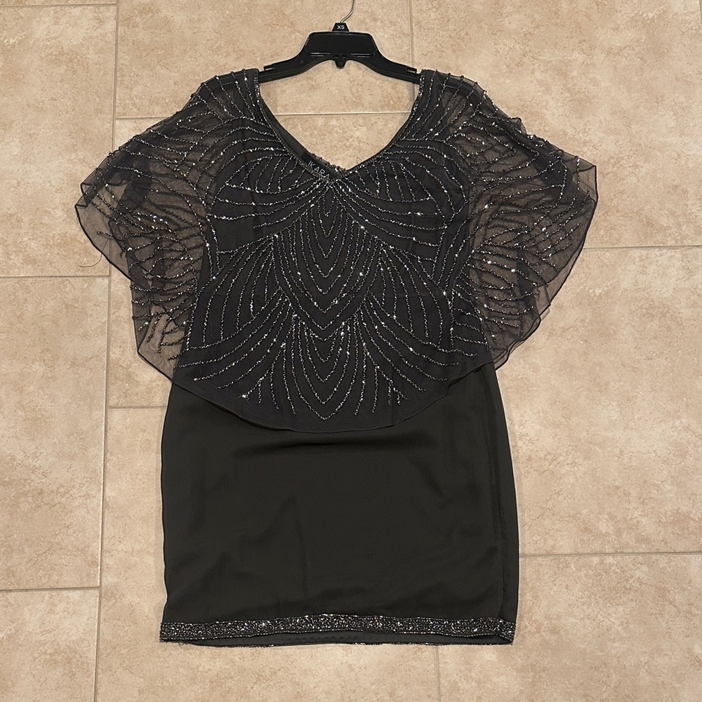 J Kara Elegant Black Beaded Cape Dress